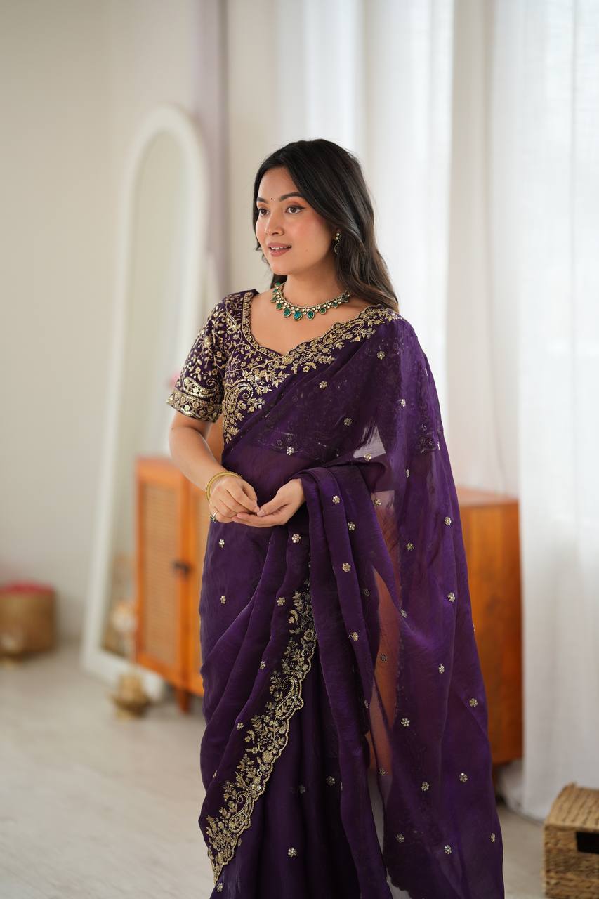 Elegant Thread & Sequin Embroidery Silk Saree With Blouse -Perfect For Festival & Parties