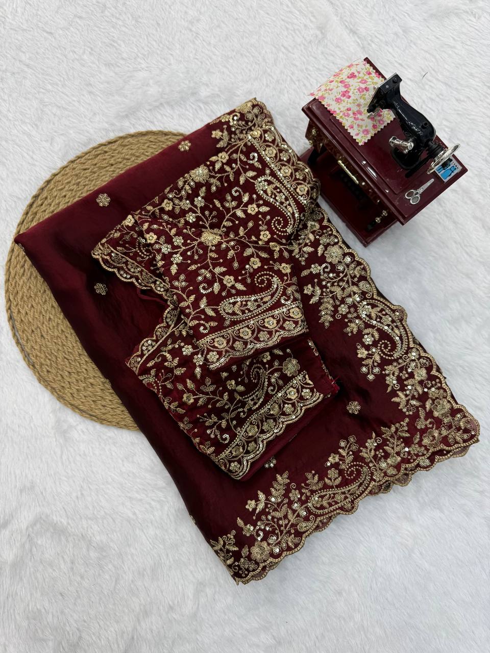 Elegant Thread & Sequin Embroidery Silk Saree With Blouse -Perfect For Festival & Parties