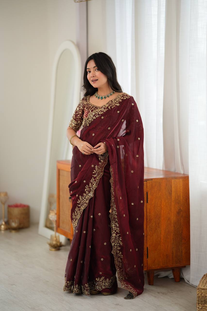Elegant Thread & Sequin Embroidery Silk Saree With Blouse -Perfect For Festival & Parties