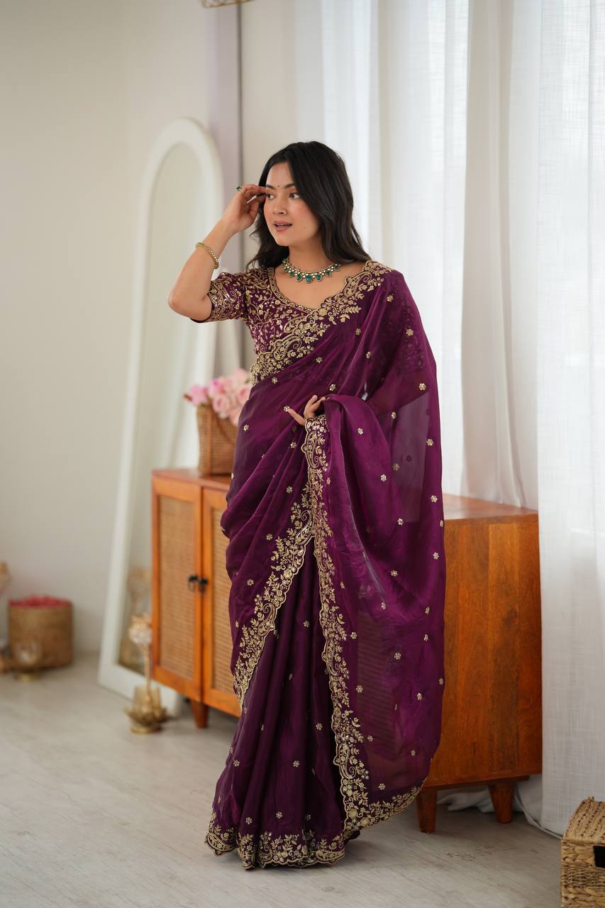 Elegant Thread & Sequin Embroidery Silk Saree With Blouse -Perfect For Festival & Parties