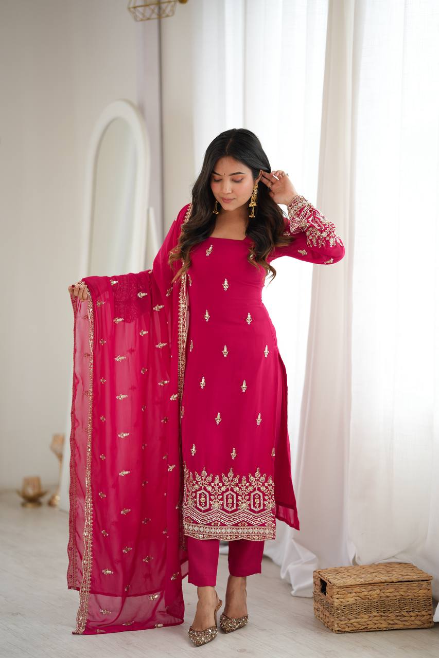 Georgette Rani Pink Embroidered Suit Set with Sequin Work Pant & Dupatta