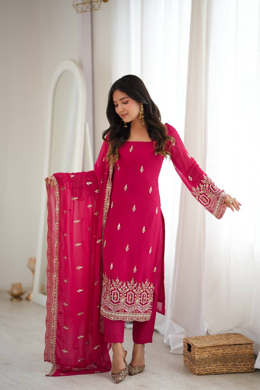Georgette Rani Pink Embroidered Suit Set with Sequin Work Pant & Dupatta