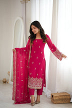 Georgette Rani Pink Embroidered Suit Set with Sequin Work Pant & Dupatta