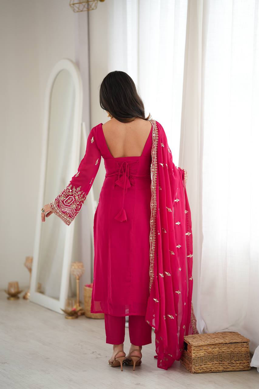 Georgette Rani Pink Embroidered Suit Set with Sequin Work Pant & Dupatta