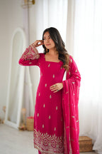 Georgette Rani Pink Embroidered Suit Set with Sequin Work Pant & Dupatta