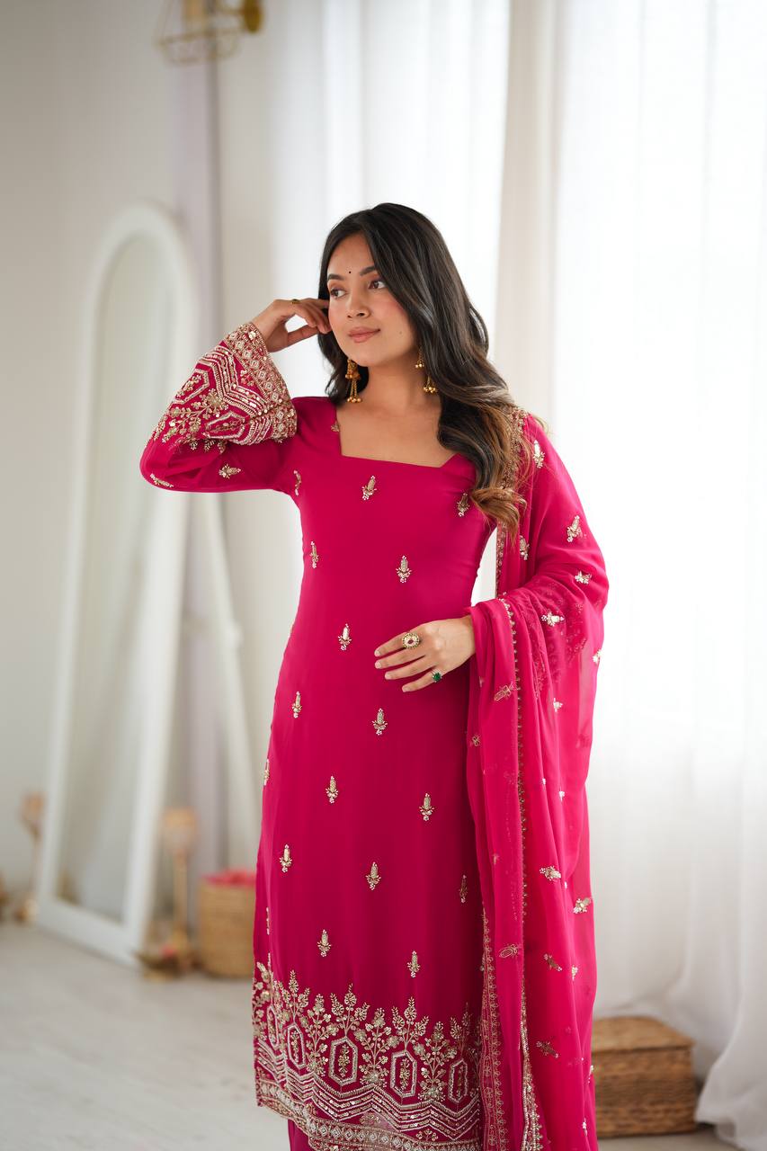 Georgette Rani Pink Embroidered Suit Set with Sequin Work Pant & Dupatta