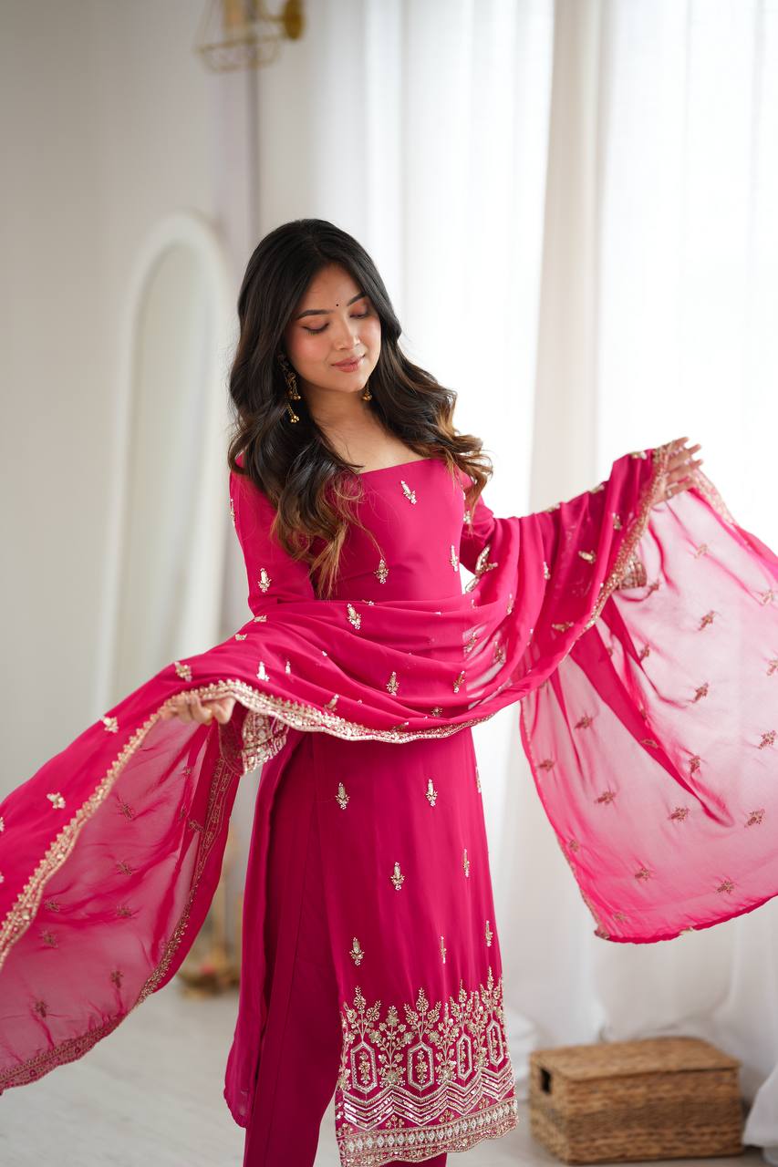 Georgette Rani Pink Embroidered Suit Set with Sequin Work Pant & Dupatta