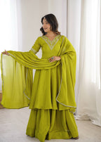 Green Chinnon Silk Festive & Partywear Kurti Palazzo Set For Women