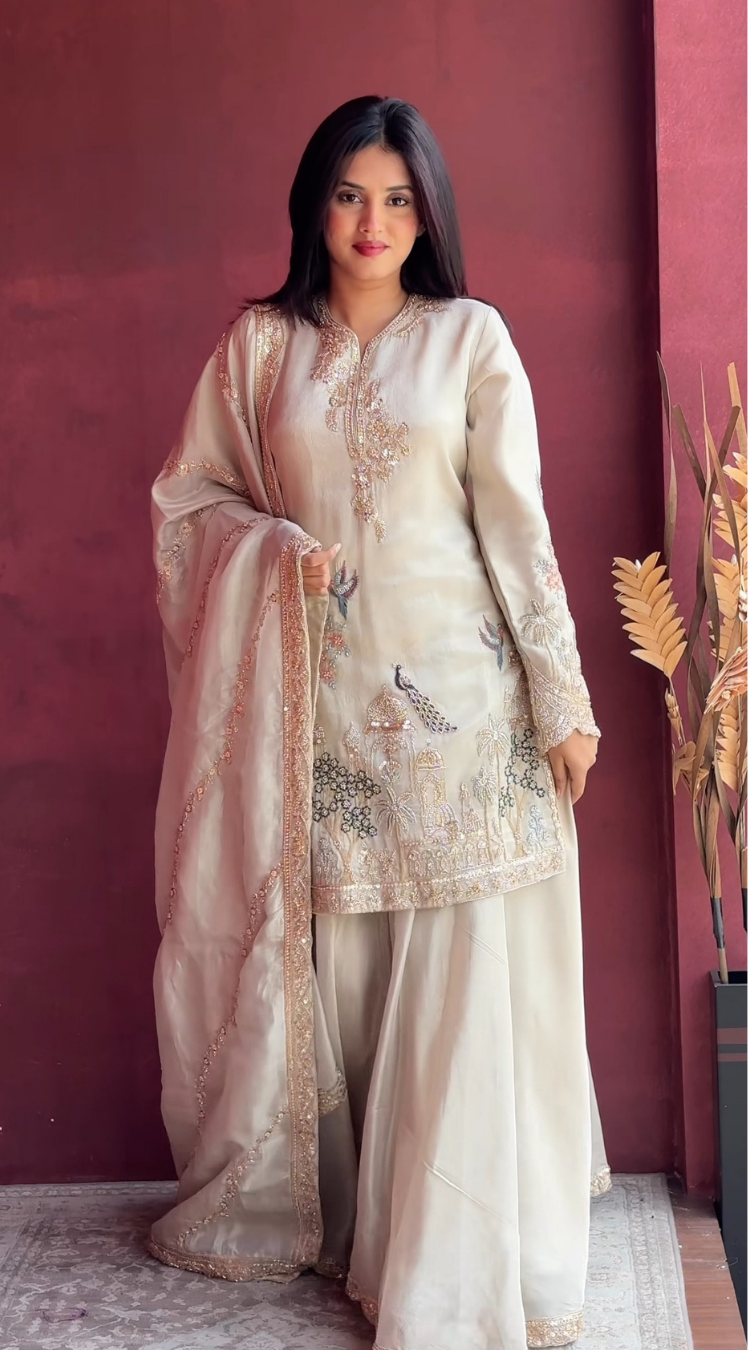 Dreamy Designer Ivory Kurta Sharara Set for Weddings and Celebrations