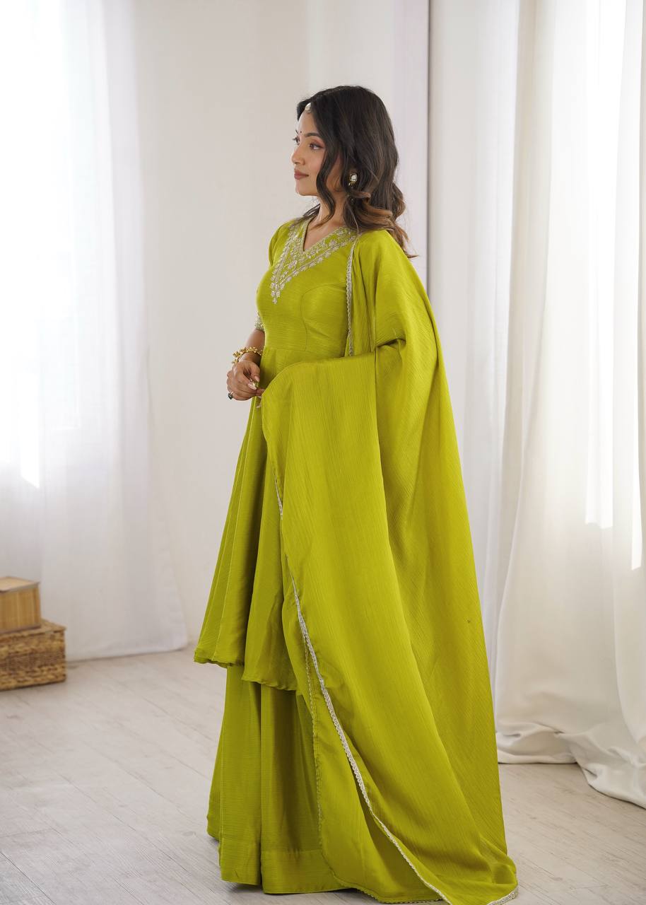 Green Chinnon Silk Festive & Partywear Kurti Palazzo Set For Women