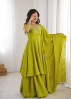 Green Chinnon Silk Festive & Partywear Kurti Palazzo Set For Women