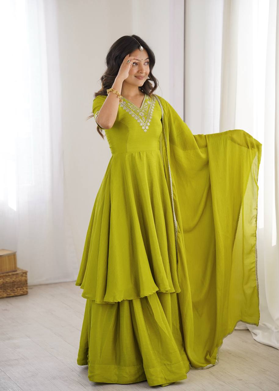 Green Chinnon Silk Festive & Partywear Kurti Palazzo Set For Women