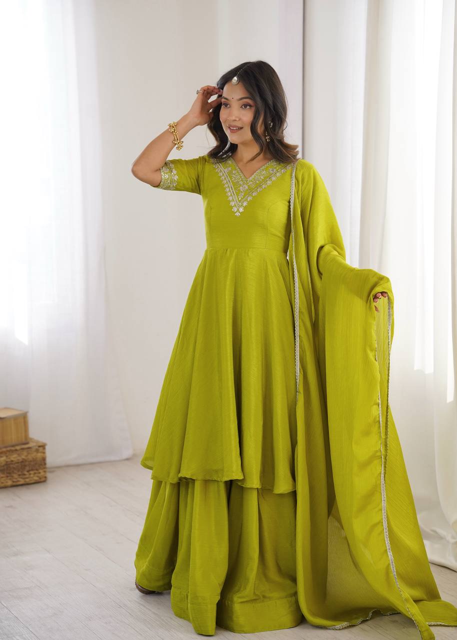 Green Chinnon Silk Festive & Partywear Kurti Palazzo Set For Women