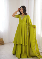 Green Chinnon Silk Festive & Partywear Kurti Palazzo Set For Women