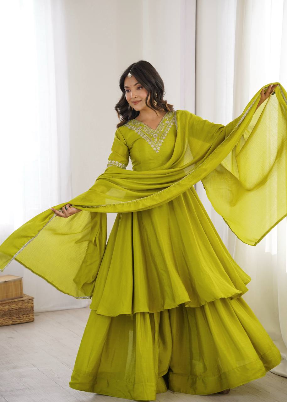 Green Chinnon Silk Festive & Partywear Kurti Palazzo Set For Women