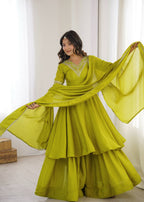Green Chinnon Silk Festive & Partywear Kurti Palazzo Set For Women