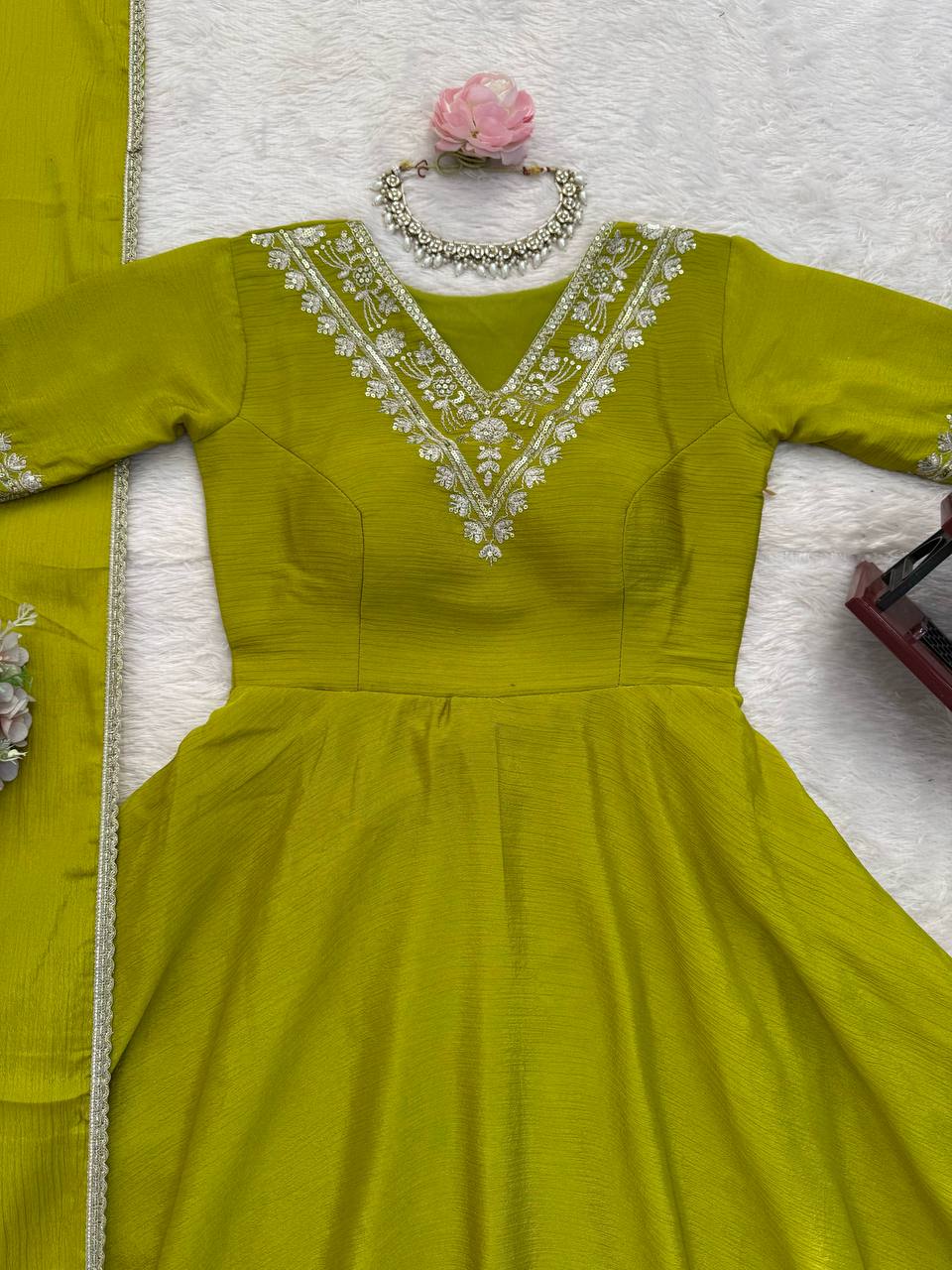 Green Chinnon Silk Festive & Partywear Kurti Palazzo Set For Women