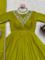 Green Chinnon Silk Festive & Partywear Kurti Palazzo Set For Women