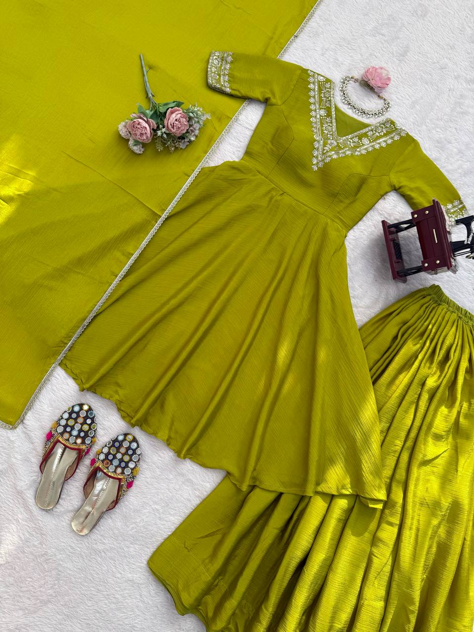 Green Chinnon Silk Festive & Partywear Kurti Palazzo Set For Women