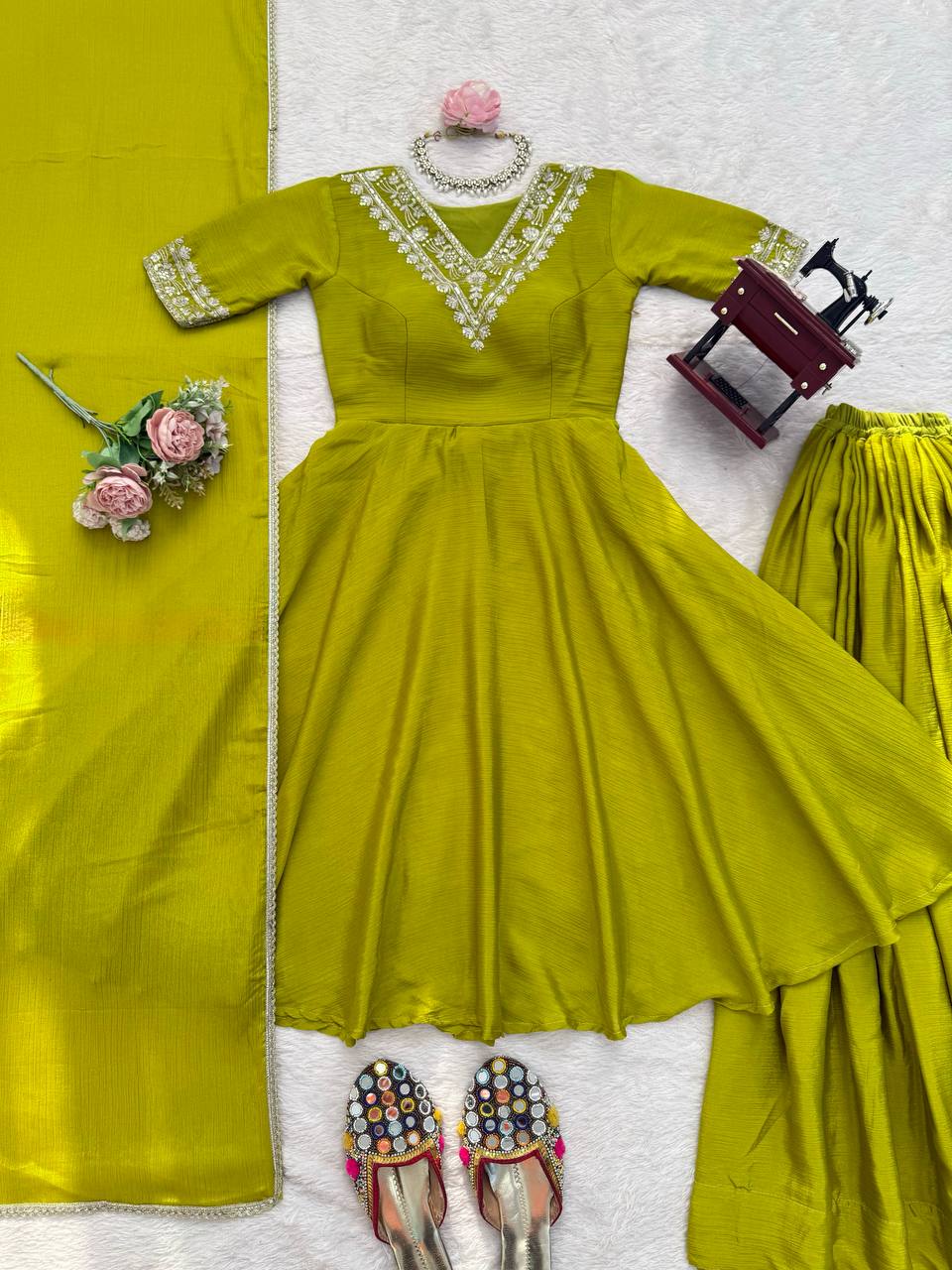 Green Chinnon Silk Festive & Partywear Kurti Palazzo Set For Women