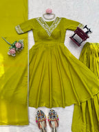 Green Chinnon Silk Festive & Partywear Kurti Palazzo Set For Women