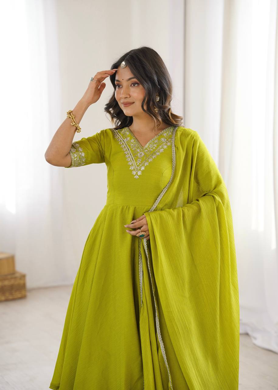 Green Chinnon Silk Festive & Partywear Kurti Palazzo Set For Women