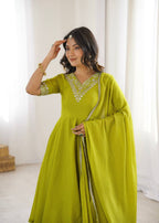 Green Chinnon Silk Festive & Partywear Kurti Palazzo Set For Women