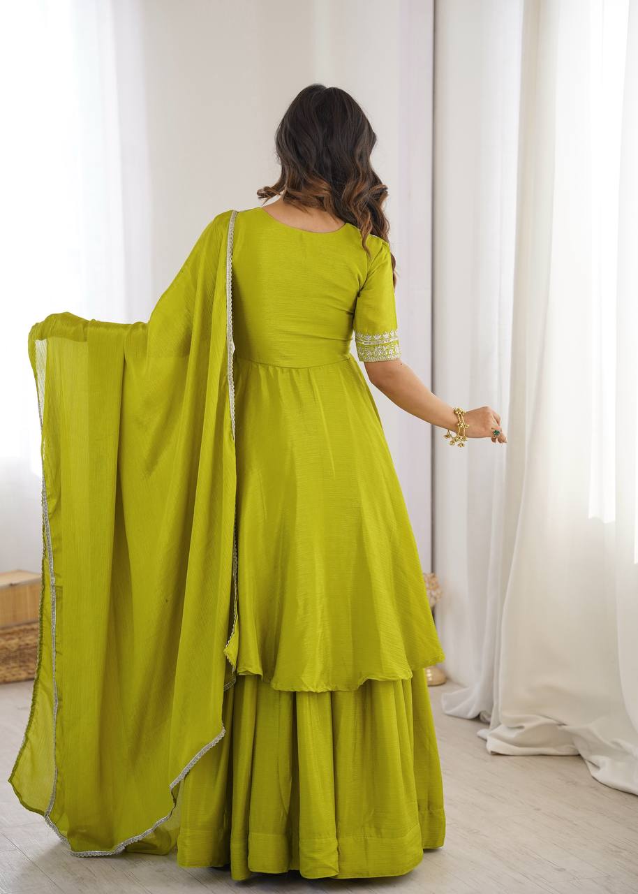 Green Chinnon Silk Festive & Partywear Kurti Palazzo Set For Women