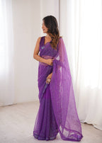 Purple Sequin Embroidered Net Saree with Silk Blouse for Festive & Party Wear