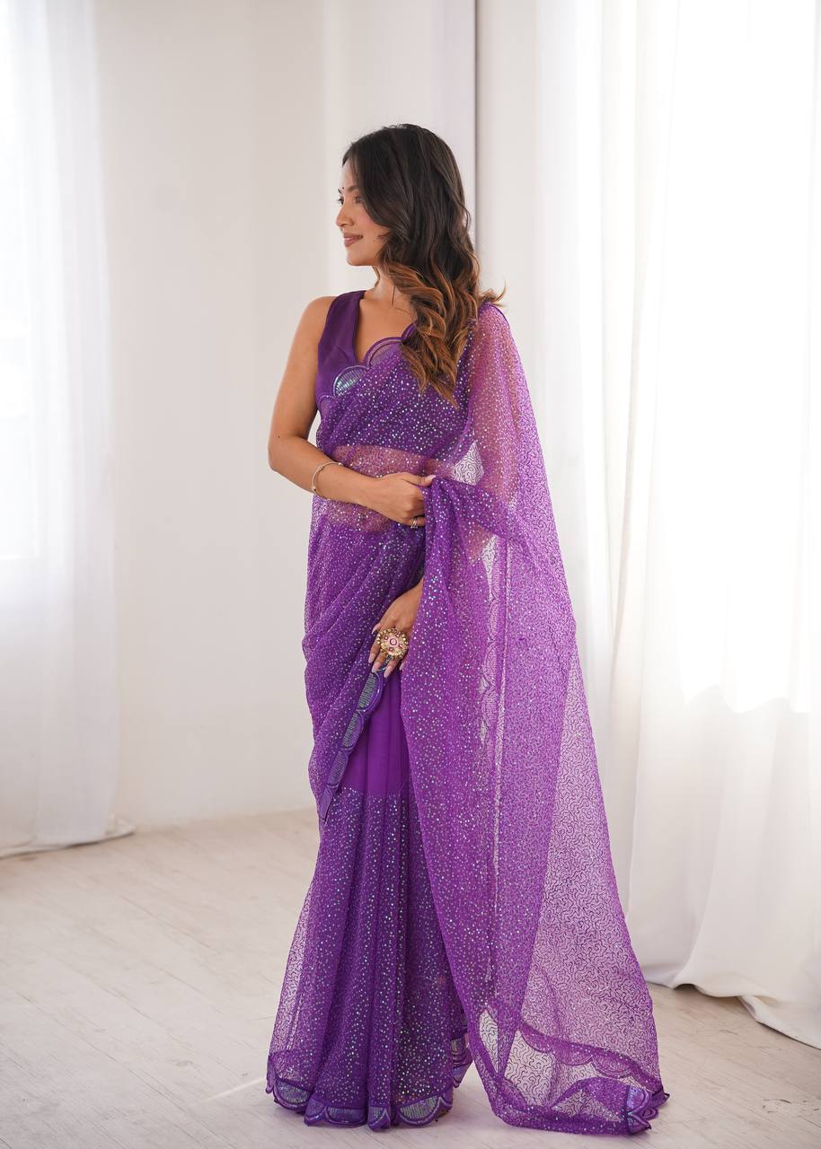 Purple Sequin Embroidered Net Saree with Silk Blouse for Festive & Party Wear