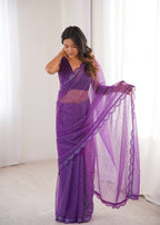 Purple Sequin Embroidered Net Saree with Silk Blouse for Festive & Party Wear