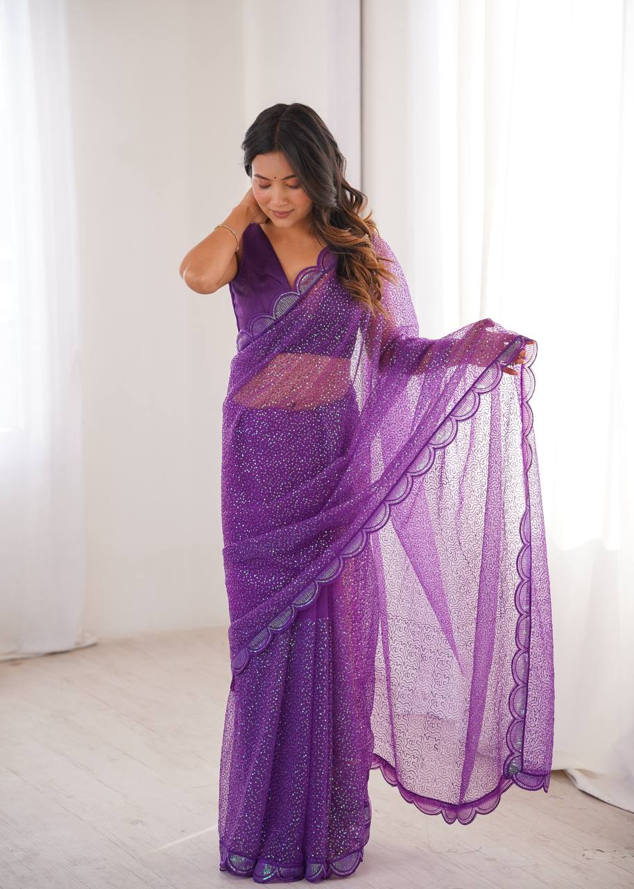 Purple Sequin Embroidered Net Saree with Silk Blouse for Festive & Party Wear