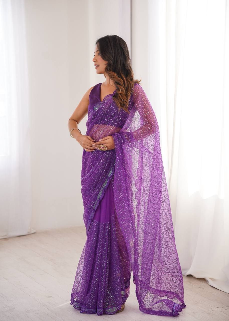 Purple Sequin Embroidered Net Saree with Silk Blouse for Festive & Party Wear
