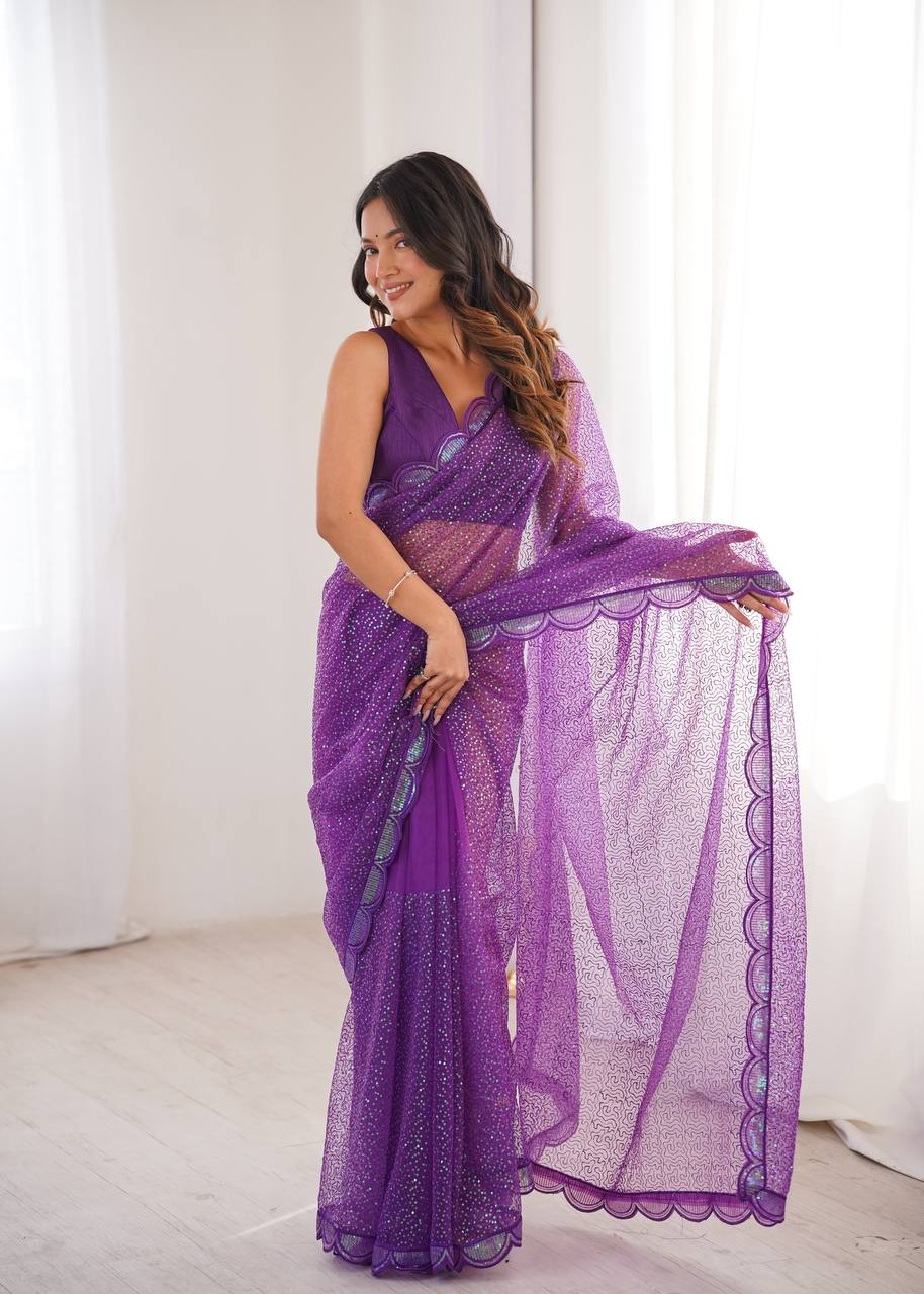 Purple Sequin Embroidered Net Saree with Silk Blouse for Festive & Party Wear