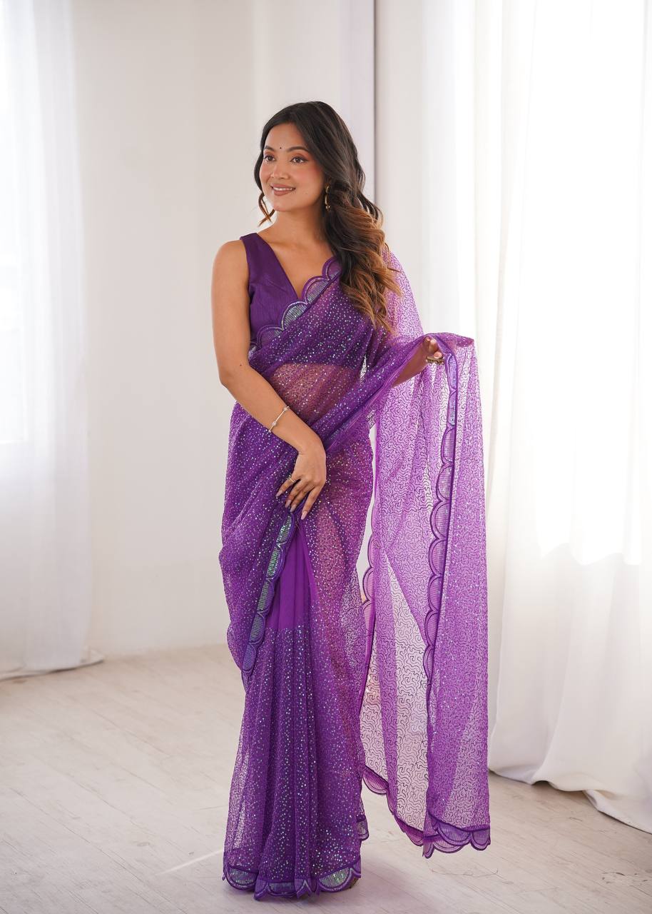 Purple Sequin Embroidered Net Saree with Silk Blouse for Festive & Party Wear