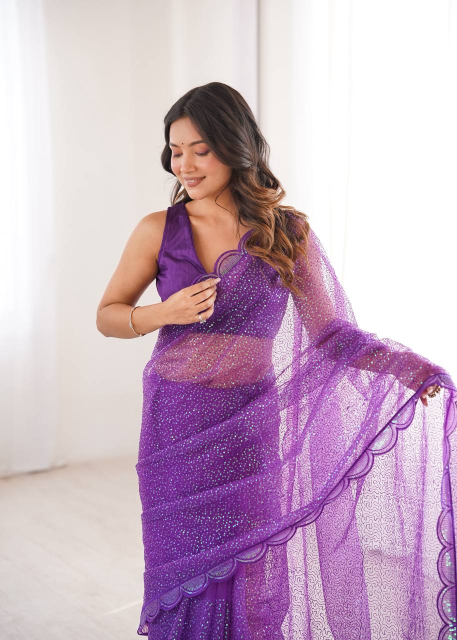Purple Sequin Embroidered Net Saree with Silk Blouse for Festive & Party Wear