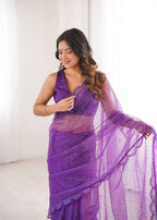 Purple Sequin Embroidered Net Saree with Silk Blouse for Festive & Party Wear