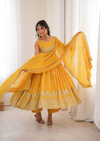 Mustard Yellow Embroidered Anarkali Pant Dupatta Set for Festive & Wedding Wear