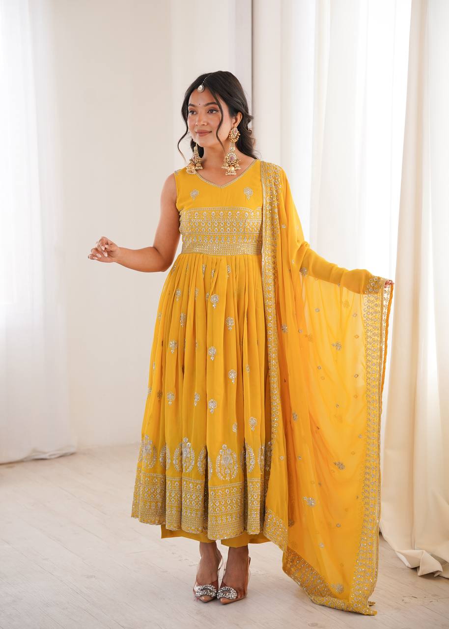 Mustard Yellow Embroidered Anarkali Pant Dupatta Set for Festive & Wedding Wear