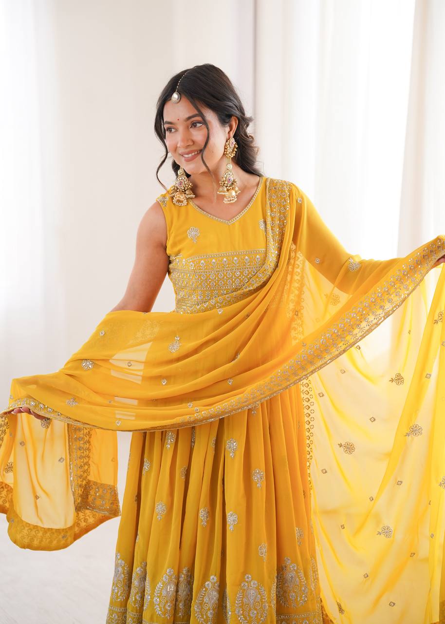 Mustard Yellow Embroidered Anarkali Pant Dupatta Set for Festive & Wedding Wear