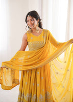 Mustard Yellow Embroidered Anarkali Pant Dupatta Set for Festive & Wedding Wear
