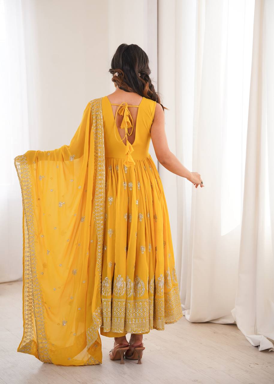 Mustard Yellow Embroidered Anarkali Pant Dupatta Set for Festive & Wedding Wear