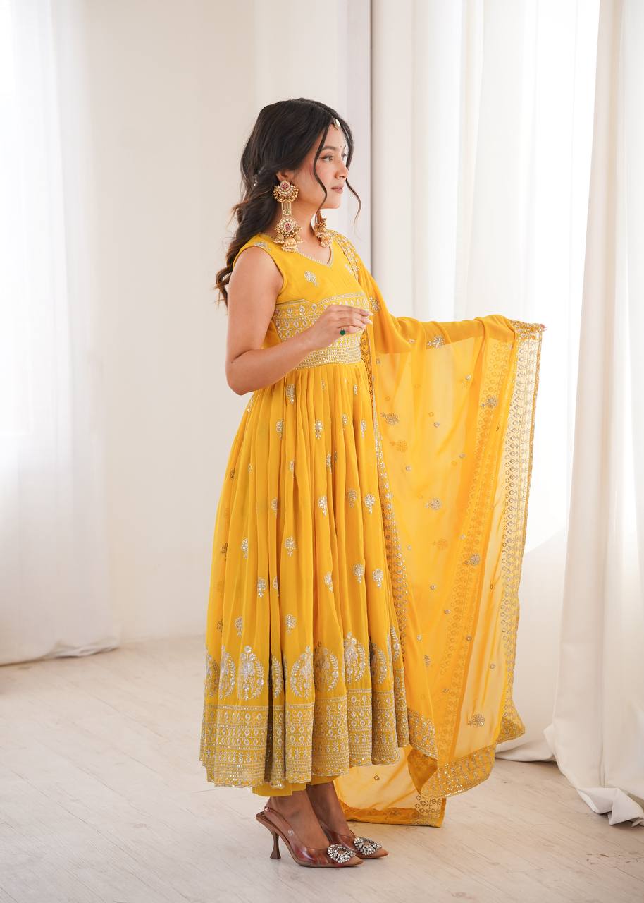 Mustard Yellow Embroidered Anarkali Pant Dupatta Set for Festive & Wedding Wear