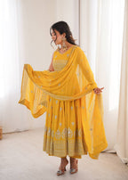 Mustard Yellow Embroidered Anarkali Pant Dupatta Set for Festive & Wedding Wear