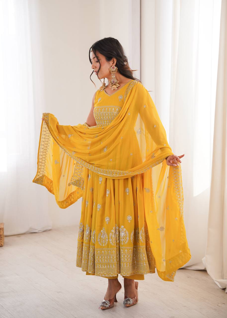 Mustard Yellow Embroidered Anarkali Pant Dupatta Set for Festive & Wedding Wear