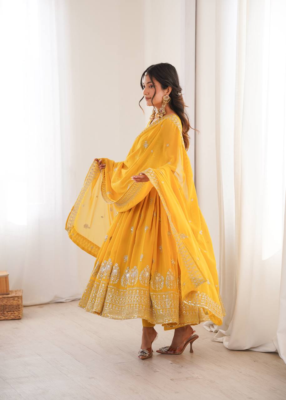 Mustard Yellow Embroidered Anarkali Pant Dupatta Set for Festive & Wedding Wear