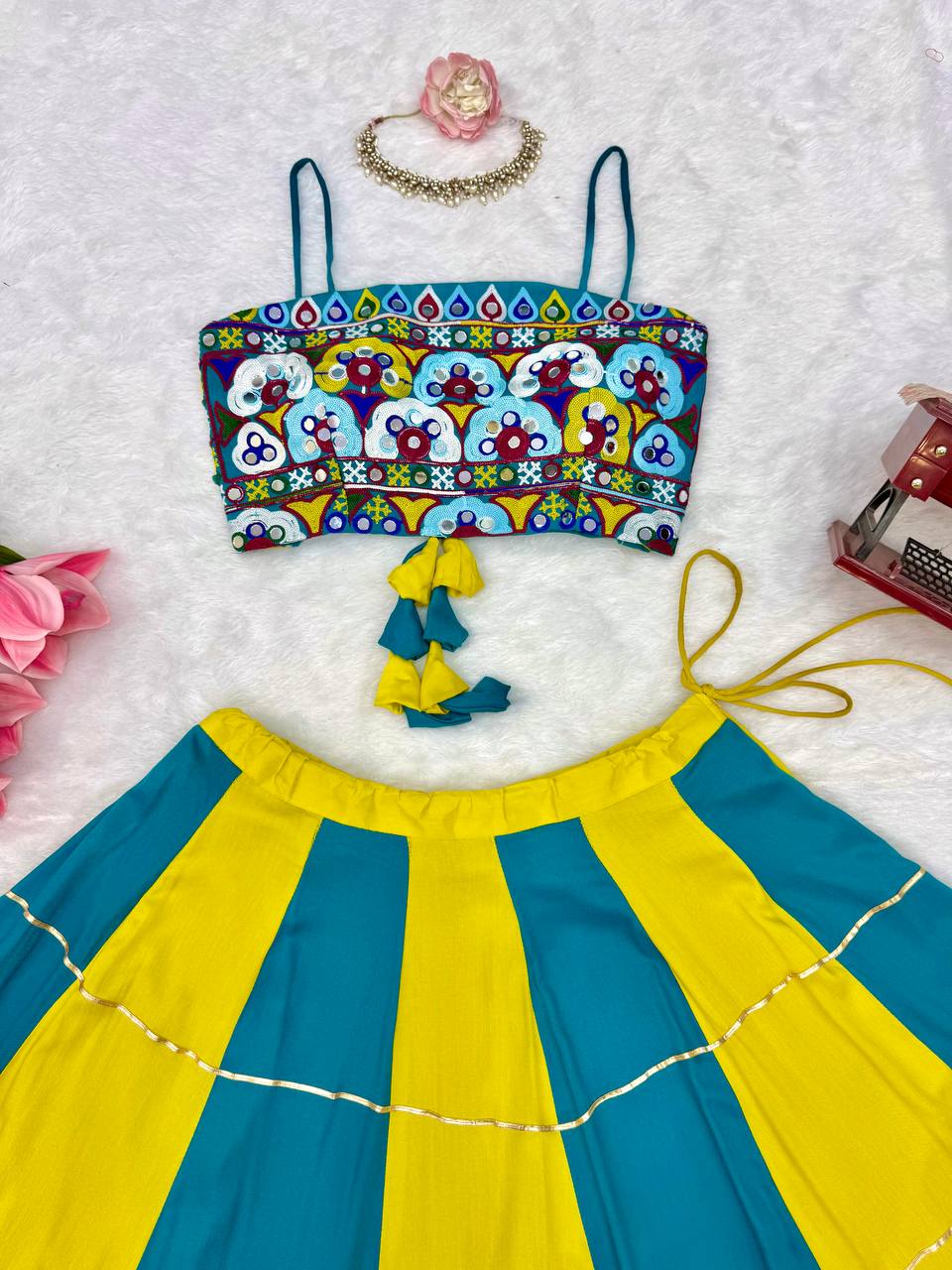 Teal & Lime Green Printed Crop Top With Flared Lehenga Set For Festive Wear