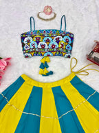 Teal & Lime Green Printed Crop Top With Flared Lehenga Set For Festive Wear
