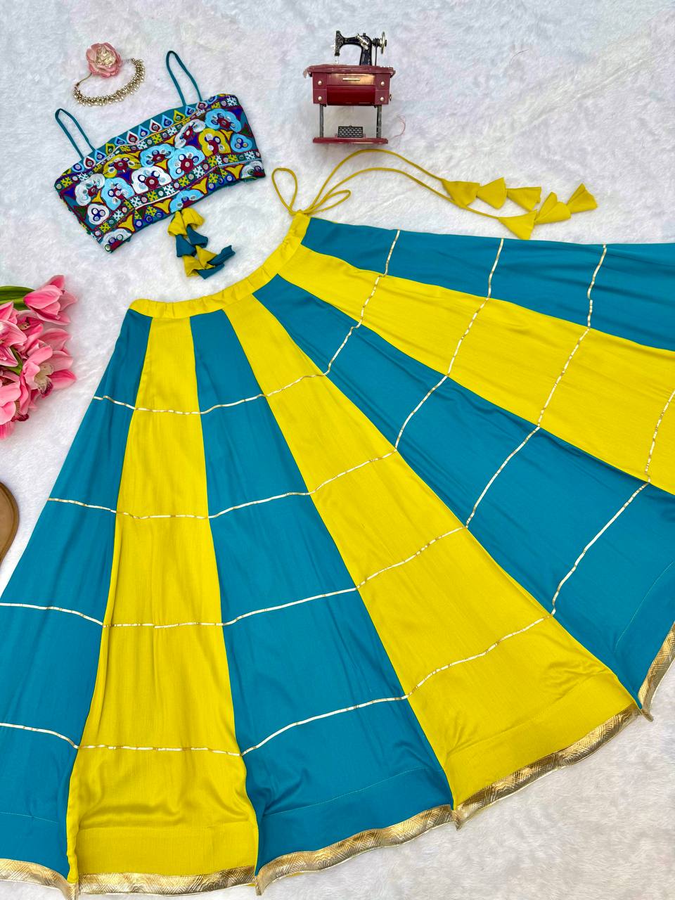 Teal & Lime Green Printed Crop Top With Flared Lehenga Set For Festive Wear