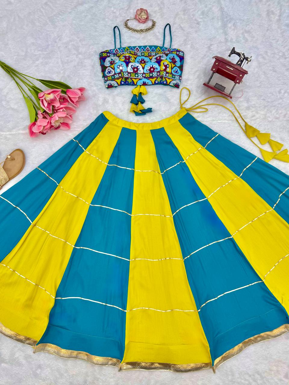 Teal & Lime Green Printed Crop Top With Flared Lehenga Set For Festive Wear